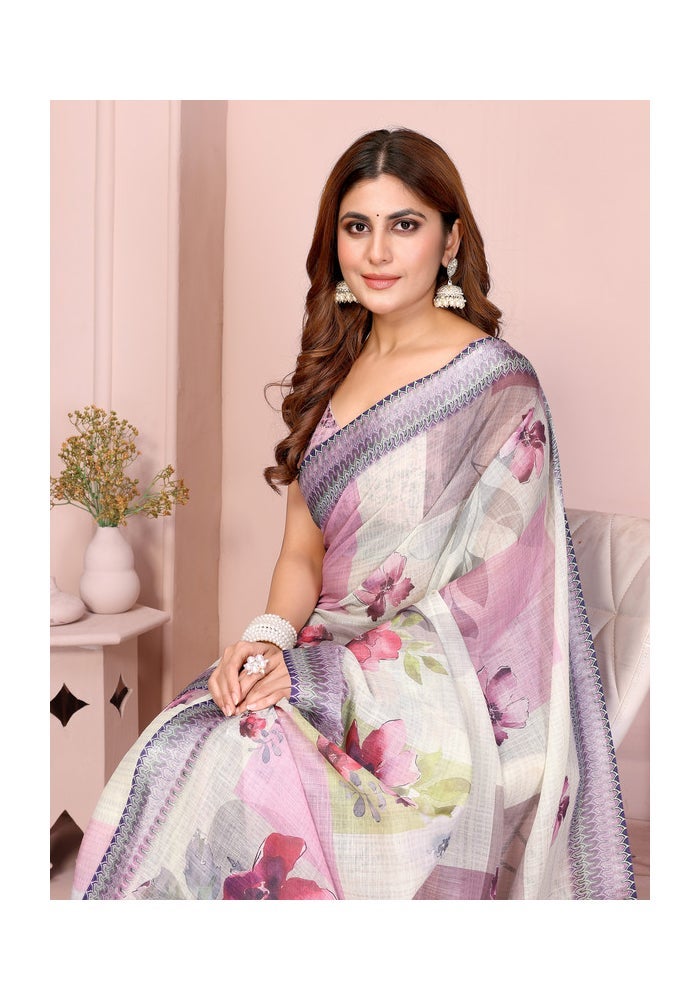 Malishka Export Linen Cotton Digital Print Saree in Lavender - Image 5